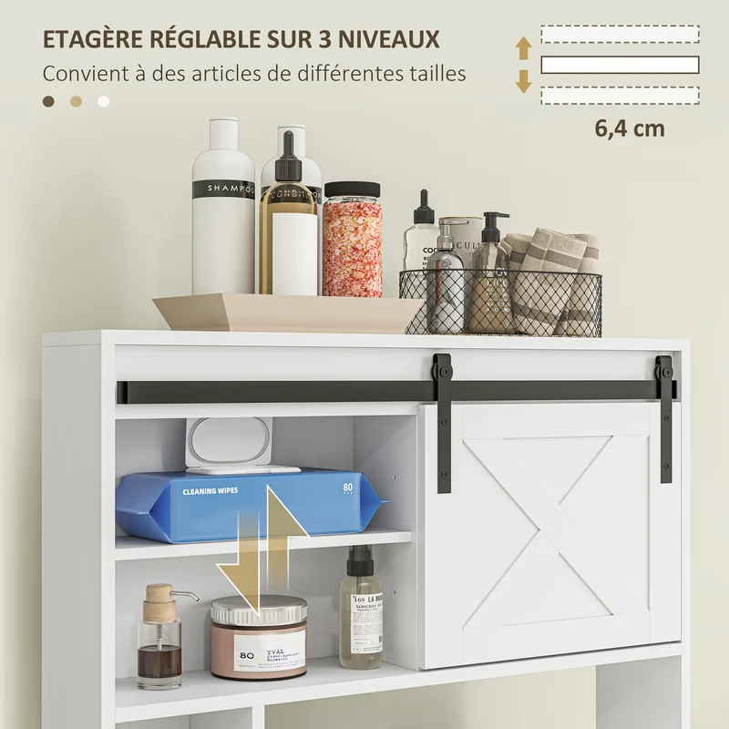 Meuble de rangement au-dessus des toilettes 80 x 17 x 128 cm porte coulissante étagères réglables moderne en MDF blanc 21_0002056