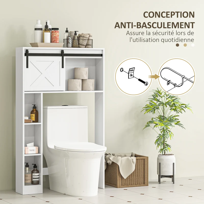 Meuble de rangement au-dessus des toilettes 80 x 17 x 128 cm porte coulissante étagères réglables moderne en MDF blanc 21_0002056
