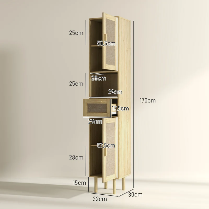 Meuble colonne salle de bain 32 x 30 x 170 cm rangement aéré tiroir sécurisé style bohème en bois d'ingénierie chêne 21_0002039
