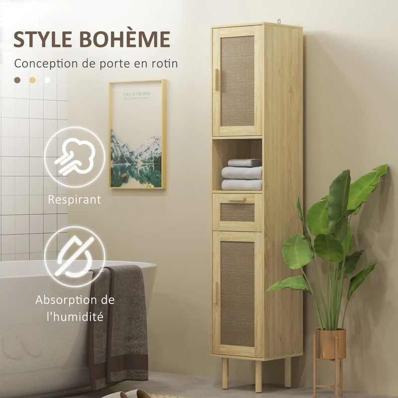 Meuble colonne salle de bain 32 x 30 x 170 cm rangement aéré tiroir sécurisé style bohème en bois d'ingénierie chêne 21_0002039