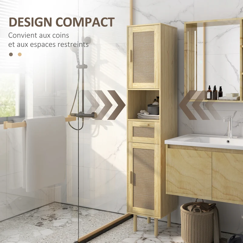 Meuble colonne salle de bain 32 x 30 x 170 cm rangement aéré tiroir sécurisé style bohème en bois d'ingénierie chêne 21_0002039