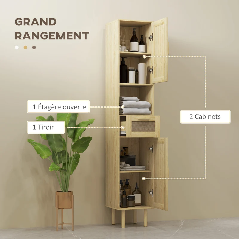 Meuble colonne salle de bain 32 x 30 x 170 cm rangement aéré tiroir sécurisé style bohème en bois d'ingénierie chêne 21_0002039