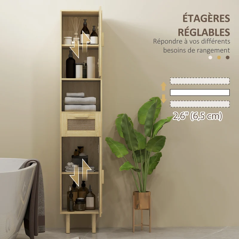 Meuble colonne salle de bain 32 x 30 x 170 cm rangement aéré tiroir sécurisé style bohème en bois d'ingénierie chêne 21_0002039