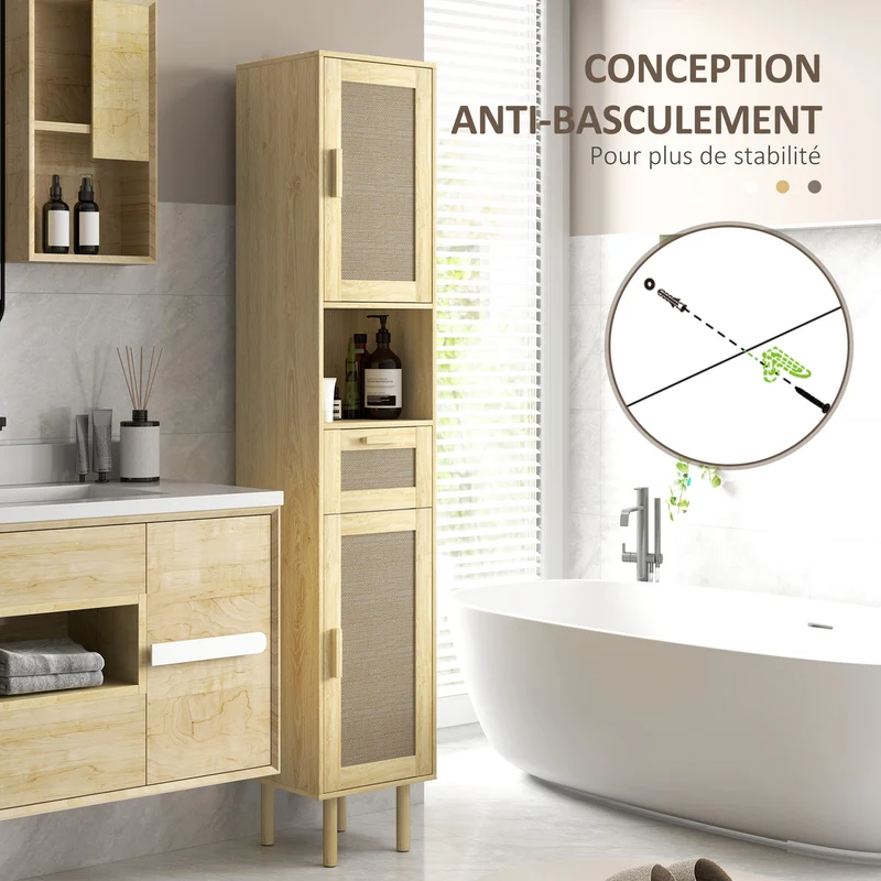 Meuble colonne salle de bain 32 x 30 x 170 cm rangement aéré tiroir sécurisé style bohème en bois d'ingénierie chêne 21_0002039