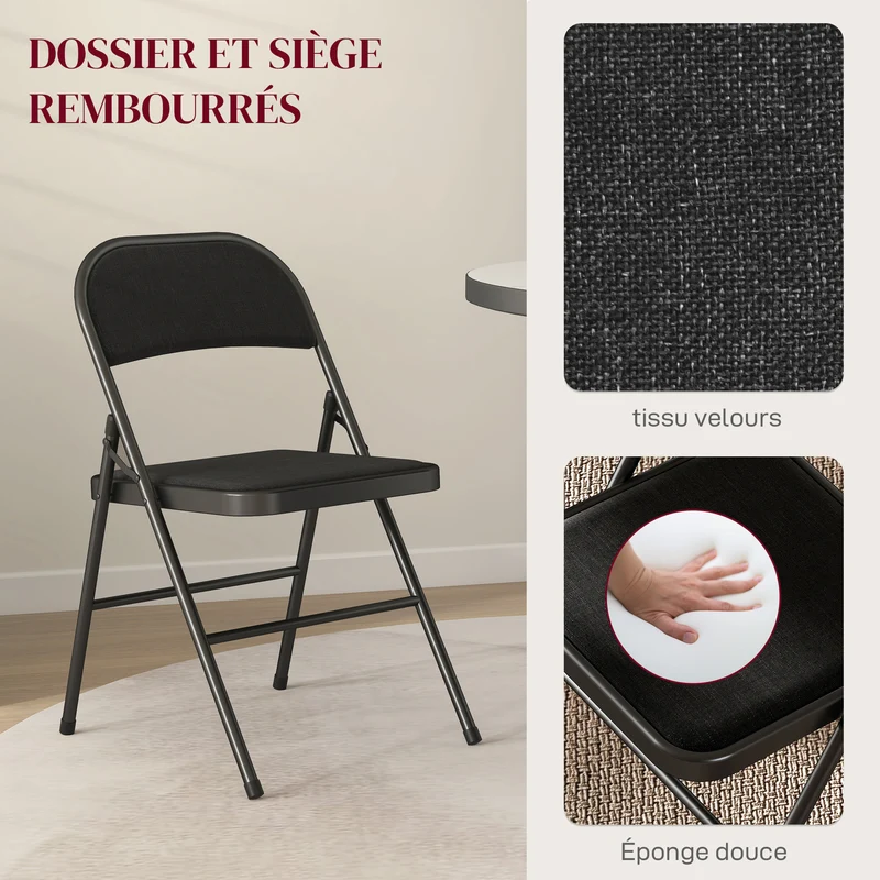 Lot de 4 chaises pliantes salle à manger 45 x 46 x 78 cm assise rembourrée dossier haut moderne épuré en acier noir 21_0002155