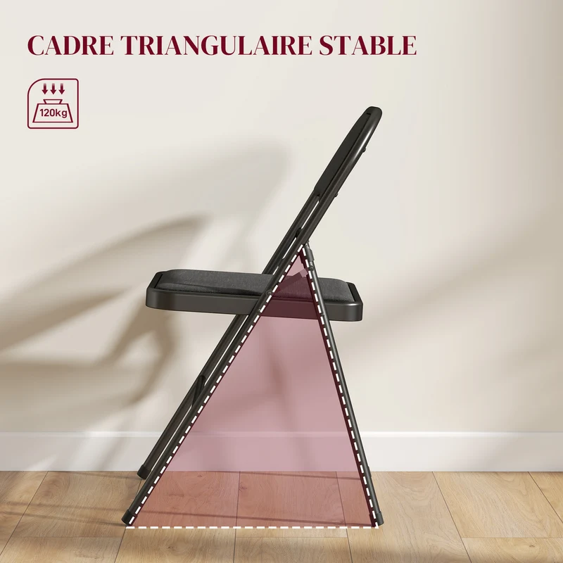 Lot de 4 chaises pliantes salle à manger 45 x 46 x 78 cm assise rembourrée dossier haut moderne épuré en acier noir 21_0002155