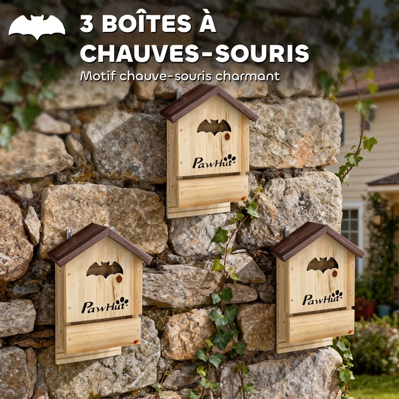 Lot de 3 nichoirs pour chauves-souris jardin 21,5 x 11,5 x 34 cm double chambre attire la faune rustique en bois naturel 21_0008018