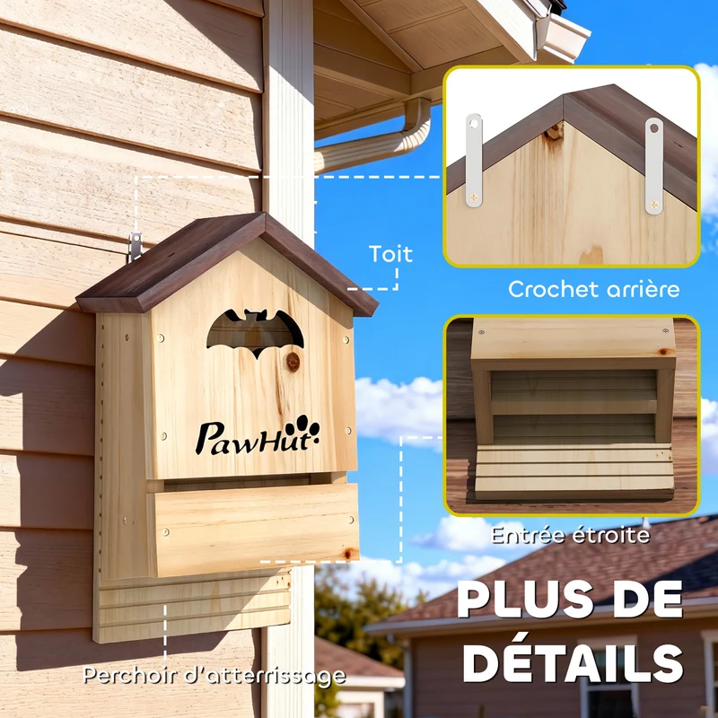 Lot de 3 nichoirs pour chauves-souris jardin 21,5 x 11,5 x 34 cm double chambre attire la faune rustique en bois naturel 21_0008018