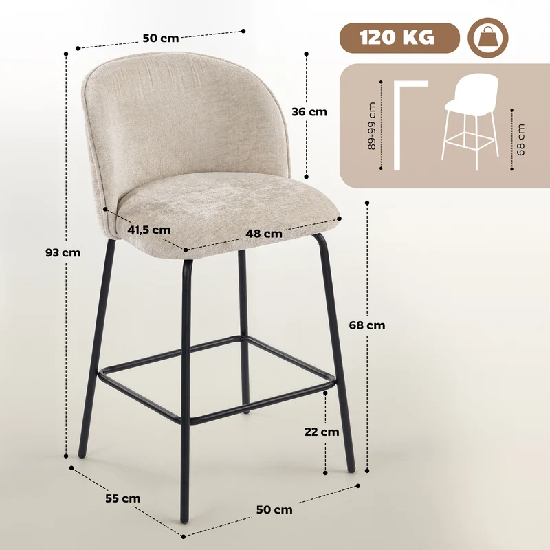 Lot de 2 tabourets de bar dossier incurvé 50 x 55 x 93 cm assise rembourrée haute densité scandinave en chenille beige 21_0003345