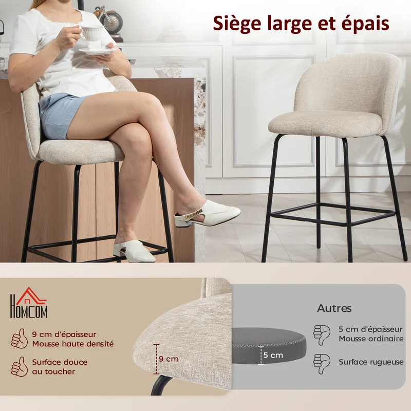 Lot de 2 tabourets de bar dossier incurvé 50 x 55 x 93 cm assise rembourrée haute densité scandinave en chenille beige 21_0003345