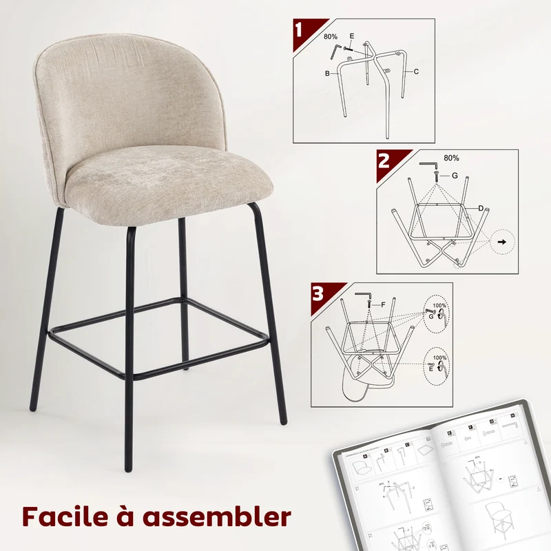 Lot de 2 tabourets de bar dossier incurvé 50 x 55 x 93 cm assise rembourrée haute densité scandinave en chenille beige 21_0003345