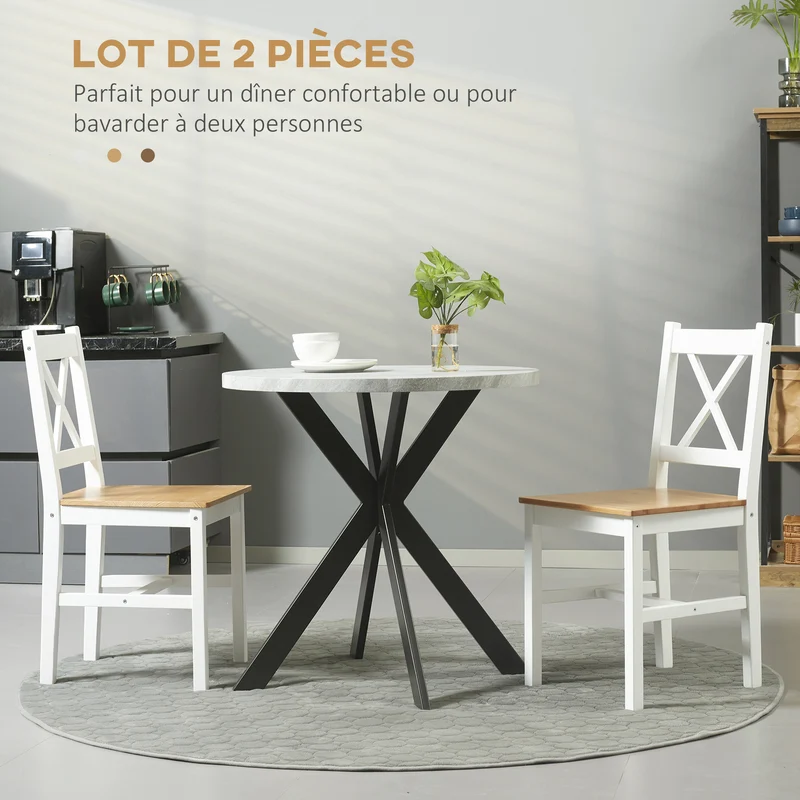 Lot de 2 chaises de salle à manger dossier croisé 41 x 46.5 x 86 cm assise confortable rustique en bois de pin blanc 21_0002345