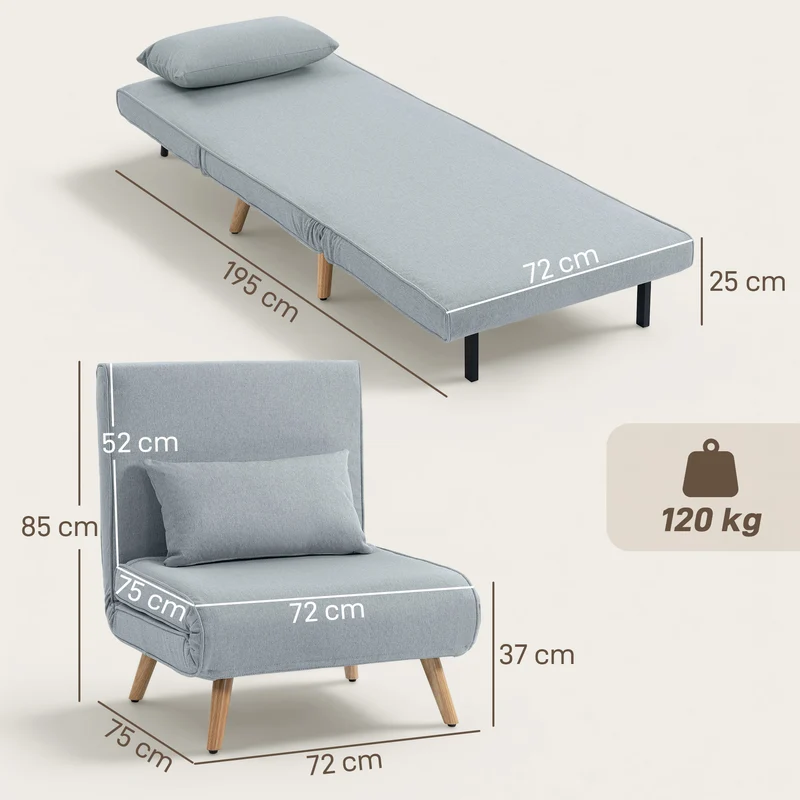 Fauteuil convertible lit d'appoint 72 x 75 x 85 cm dossier 5 positions style contemporain cosy en polyester gris clair 21_0003430