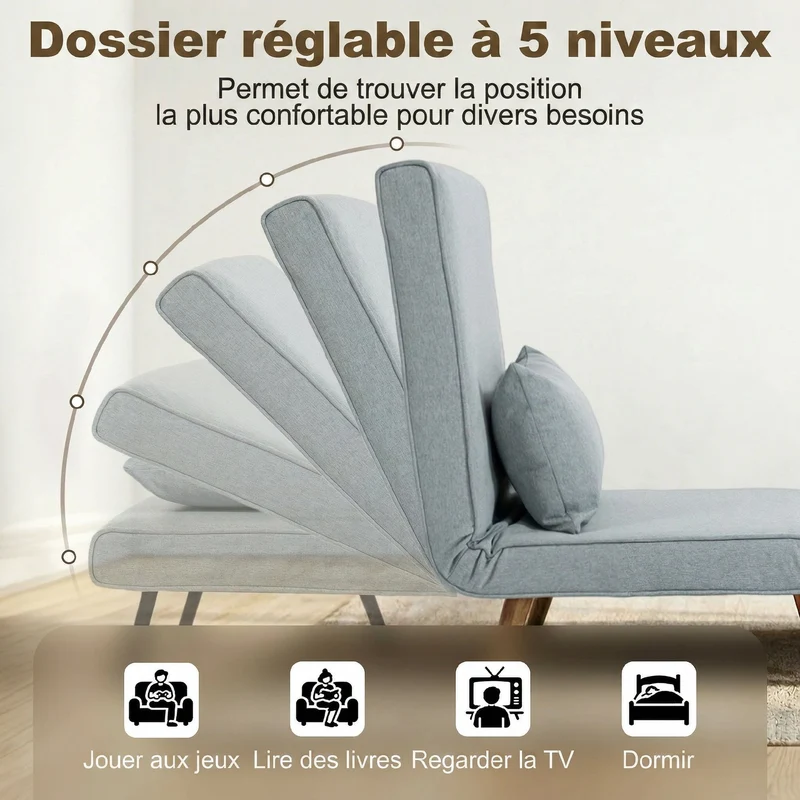 Fauteuil convertible lit d'appoint 72 x 75 x 85 cm dossier 5 positions style contemporain cosy en polyester gris clair 21_0003430
