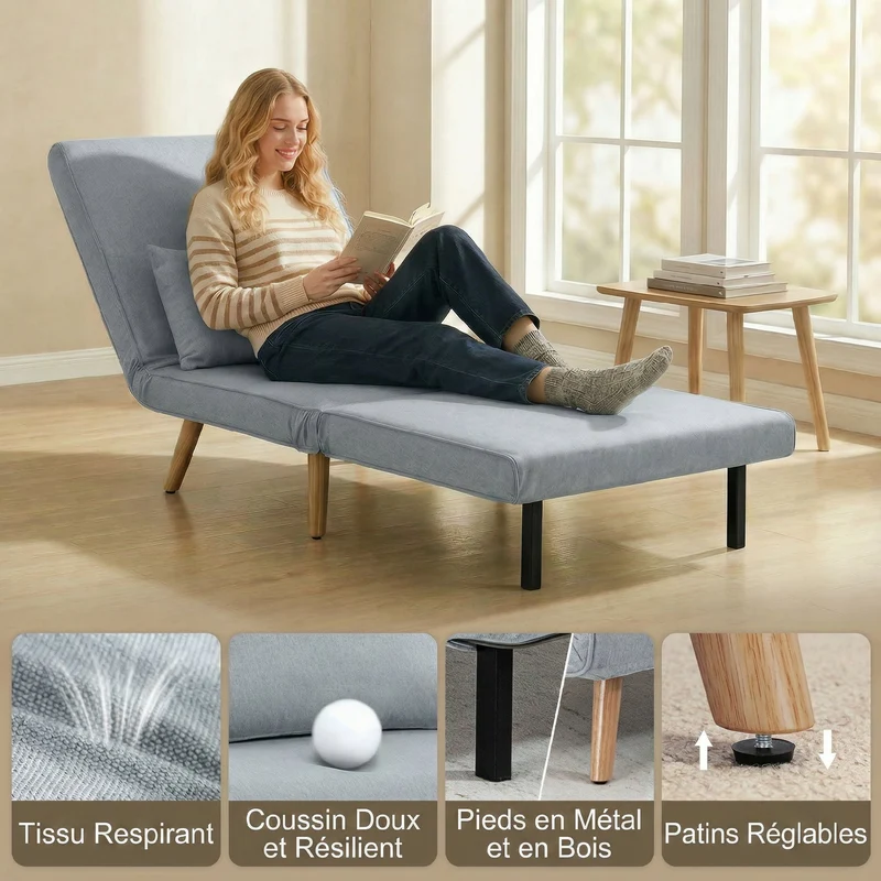 Fauteuil convertible lit d'appoint 72 x 75 x 85 cm dossier 5 positions style contemporain cosy en polyester gris clair 21_0003430