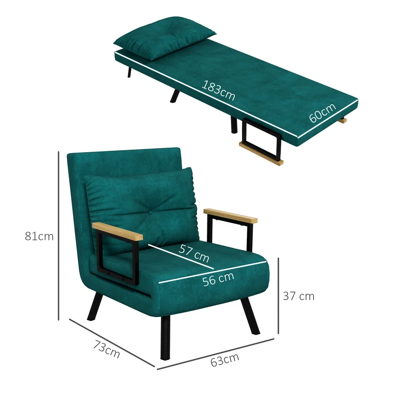 Fauteuil convertible 1 place lit 63 x 73 x 81 cm dossier 5 positions assise rembourrée moderne en tissu velours vert 21_0003136