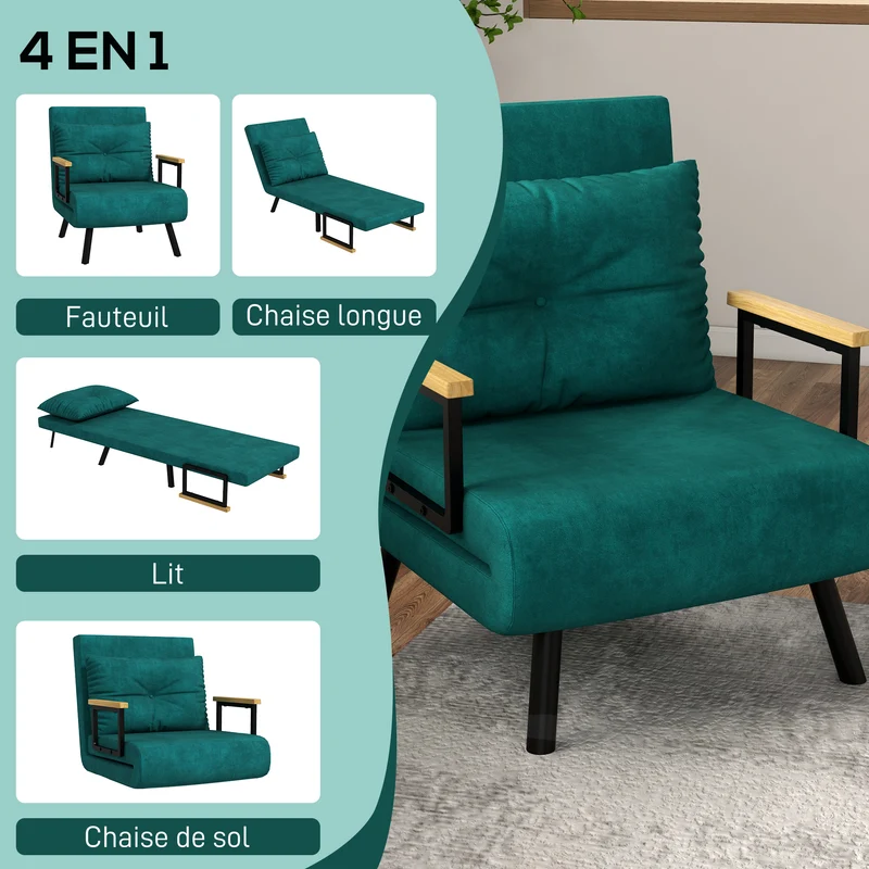 Fauteuil convertible 1 place lit 63 x 73 x 81 cm dossier 5 positions assise rembourrée moderne en tissu velours vert 21_0003136