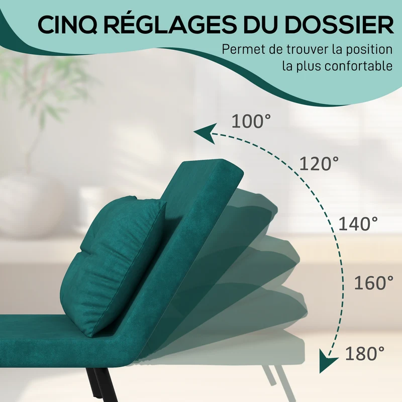 Fauteuil convertible 1 place lit 63 x 73 x 81 cm dossier 5 positions assise rembourrée moderne en tissu velours vert 21_0003136