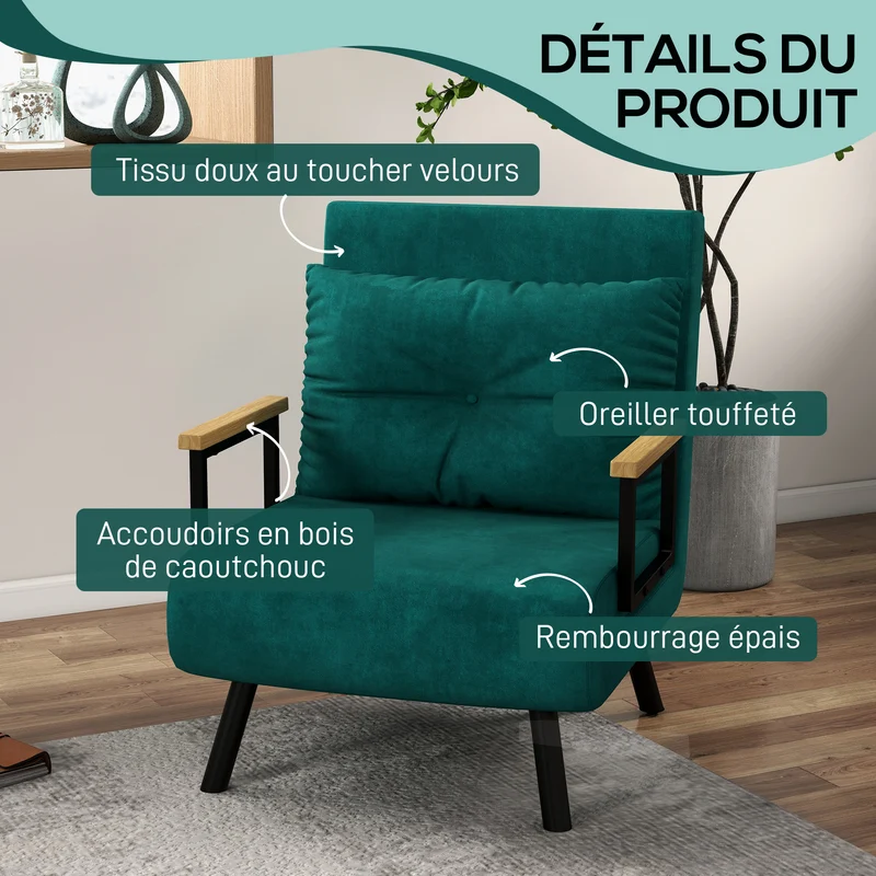 Fauteuil convertible 1 place lit 63 x 73 x 81 cm dossier 5 positions assise rembourrée moderne en tissu velours vert 21_0003136