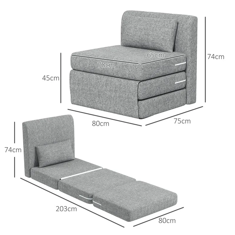 Fauteuil chauffeuse pliant 3 en 1 convertible en lit 80 x 75 x 74 cm assise ergonomique contemporain en polyester gris 21_0003426