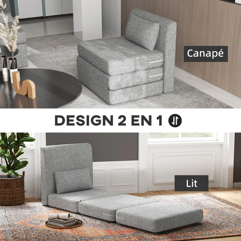 Fauteuil chauffeuse pliant 3 en 1 convertible en lit 80 x 75 x 74 cm assise ergonomique contemporain en polyester gris 21_0003426