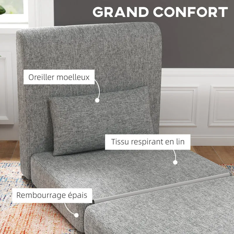 Fauteuil chauffeuse pliant 3 en 1 convertible en lit 80 x 75 x 74 cm assise ergonomique contemporain en polyester gris 21_0003426