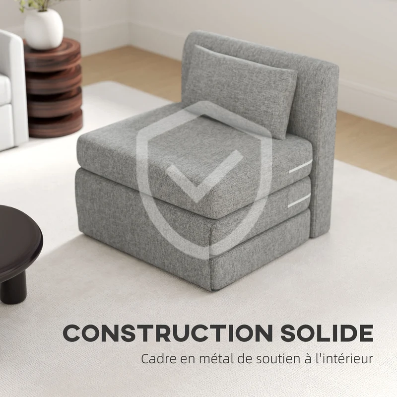 Fauteuil chauffeuse pliant 3 en 1 convertible en lit 80 x 75 x 74 cm assise ergonomique contemporain en polyester gris 21_0003426