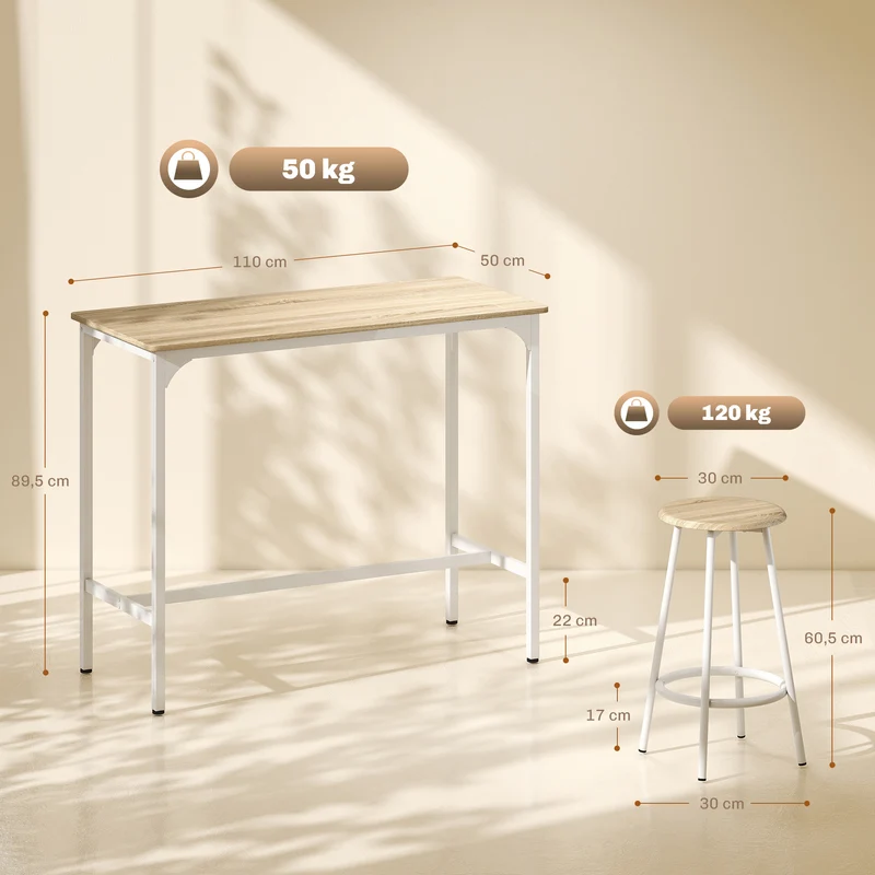 Ensemble table haute et 4 tabourets 110 x 50 x 89.5 cm repose-pieds gain de place moderne industriel cosy en MDF marron 21_0002330