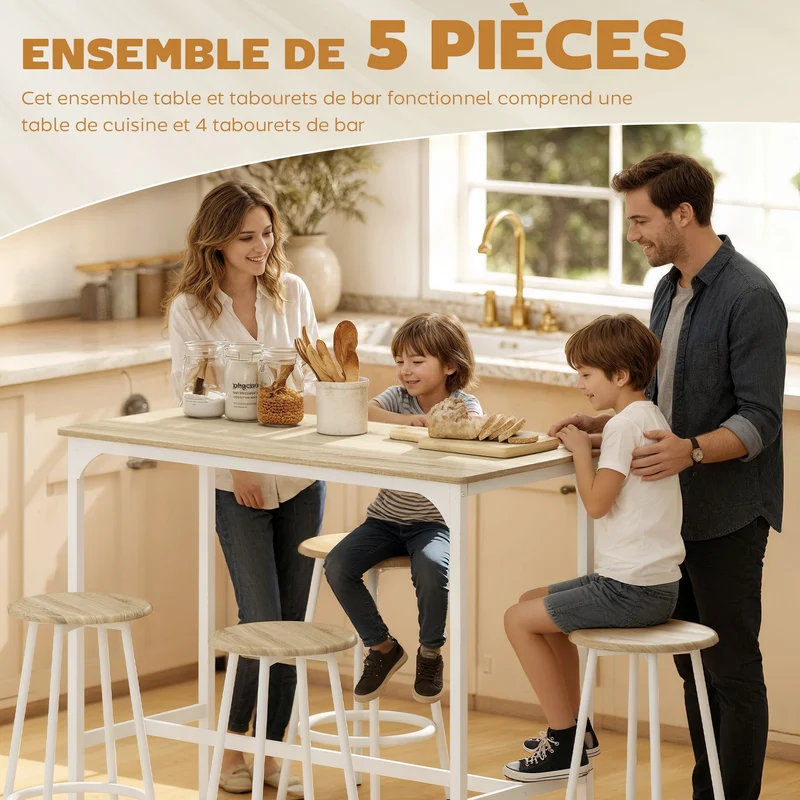 Ensemble table haute et 4 tabourets 110 x 50 x 89.5 cm repose-pieds gain de place moderne industriel cosy en MDF marron 21_0002330