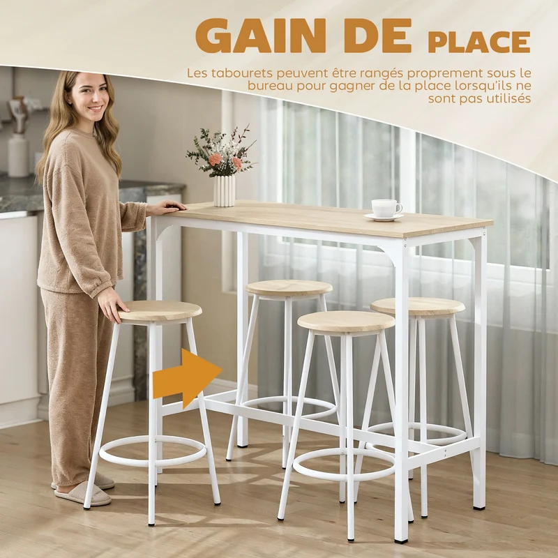 Ensemble table haute et 4 tabourets 110 x 50 x 89.5 cm repose-pieds gain de place moderne industriel cosy en MDF marron 21_0002330