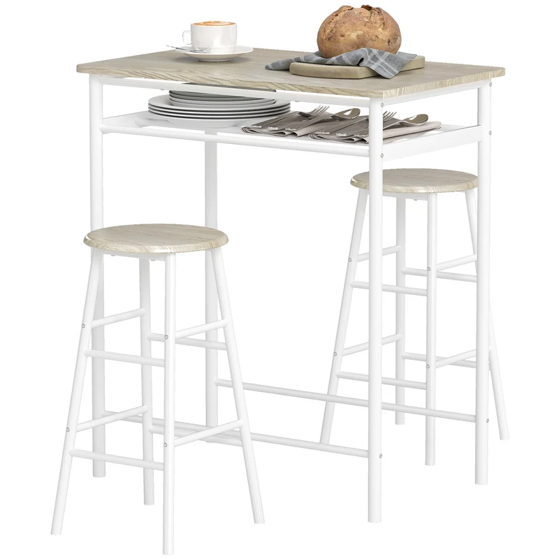 Ensemble table de bar 2 tabourets et étagère usage cuisine 80 x 50 x 90 cm gain de place design industriel en MDF blanc 21_0002210