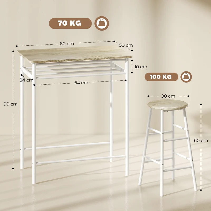 Ensemble table de bar 2 tabourets et étagère usage cuisine 80 x 50 x 90 cm gain de place design industriel en MDF blanc 21_0002210