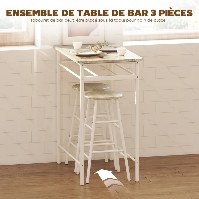 Ensemble table de bar 2 tabourets et étagère usage cuisine 80 x 50 x 90 cm gain de place design industriel en MDF blanc 21_0002210