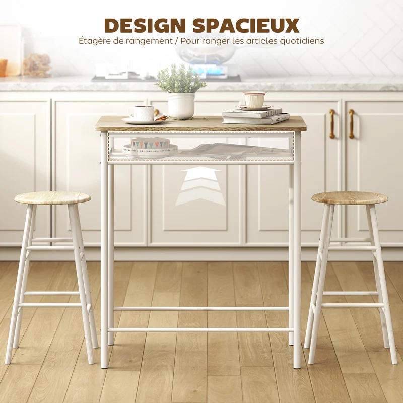 Ensemble table de bar 2 tabourets et étagère usage cuisine 80 x 50 x 90 cm gain de place design industriel en MDF blanc 21_0002210
