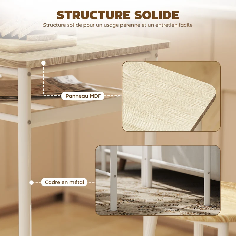 Ensemble table de bar 2 tabourets et étagère usage cuisine 80 x 50 x 90 cm gain de place design industriel en MDF blanc 21_0002210