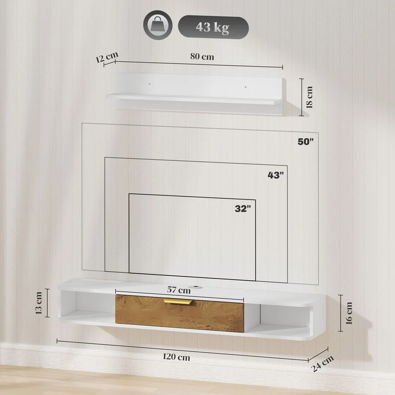 Ensemble meuble télé suspendu et étagère murale 120 x 24 x 16 cm rangement passe câbles contemporain épuré en MDF blanc 21_0003477