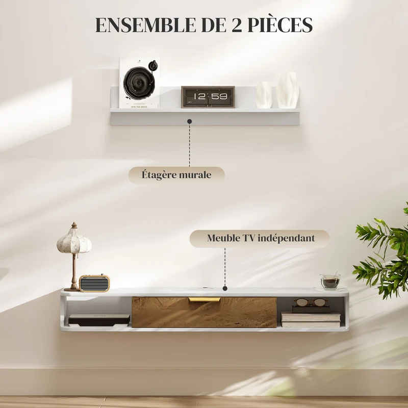 Ensemble meuble télé suspendu et étagère murale 120 x 24 x 16 cm rangement passe câbles contemporain épuré en MDF blanc 21_0003477