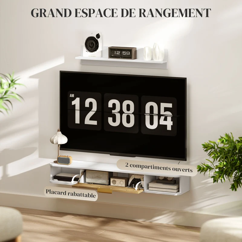 Ensemble meuble télé suspendu et étagère murale 120 x 24 x 16 cm rangement passe câbles contemporain épuré en MDF blanc 21_0003477