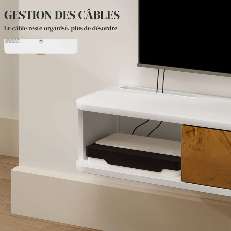 Ensemble meuble télé suspendu et étagère murale 120 x 24 x 16 cm rangement passe câbles contemporain épuré en MDF blanc 21_0003477