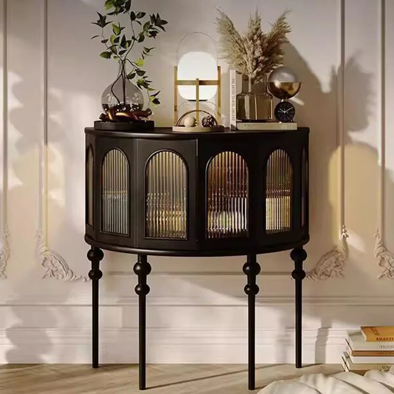 Traditional French Rubberwood Glass Semi Circular Globe Storage Cabinet With 1 Tier For Living Room