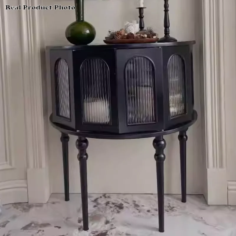 Traditional French Rubberwood Glass Semi Circular Globe Storage Cabinet With 1 Tier For Living Room