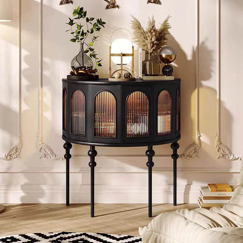 Traditional French Rubberwood Glass Semi Circular Globe Storage Cabinet With 1 Tier For Living Room
