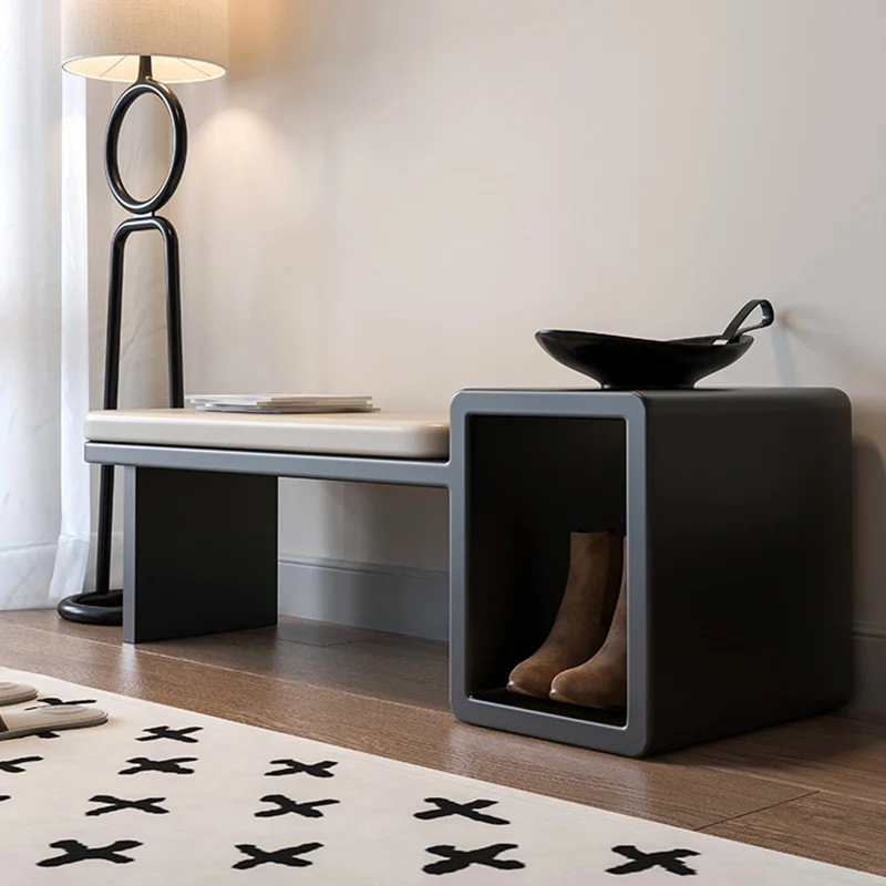 Modern Luxury PU Leather Iron Rounded Rectangular Shoe Bench With 1-Storage For Living Room