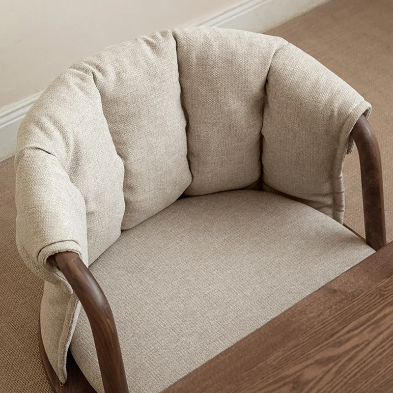 Traditional Chinese Solid Wood Linen Low Accent Chair With Rounded Arms Cushioned Seat & Backrest For Living Room & Bedroom