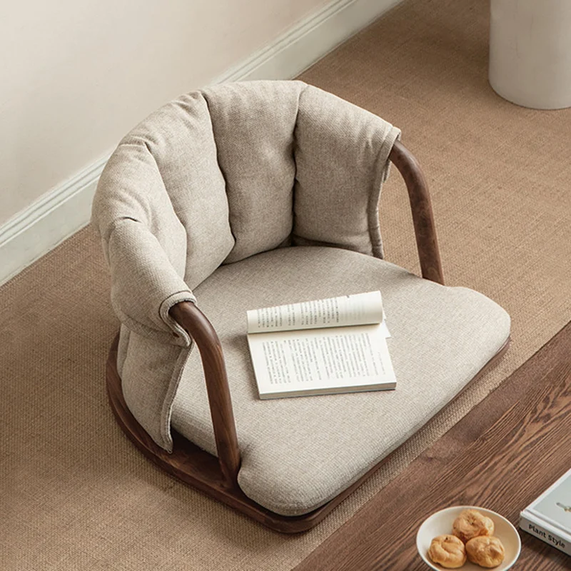 Traditional Chinese Solid Wood Linen Low Accent Chair With Rounded Arms Cushioned Seat & Backrest For Living Room & Bedroom
