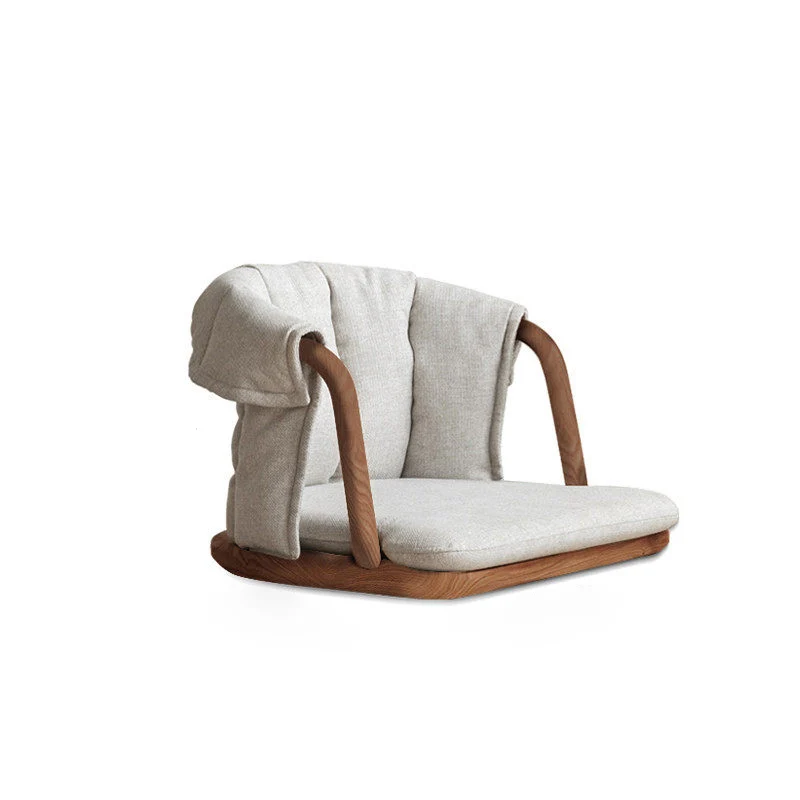 Traditional Chinese Solid Wood Linen Low Accent Chair With Rounded Arms Cushioned Seat & Backrest For Living Room & Bedroom