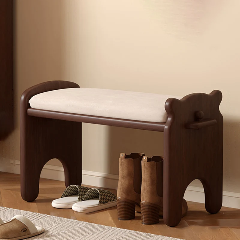Contemporary Creative Rubberwood PU Leather Bear Rectangular Shoe Bench With 1/2 Tier For Living Room