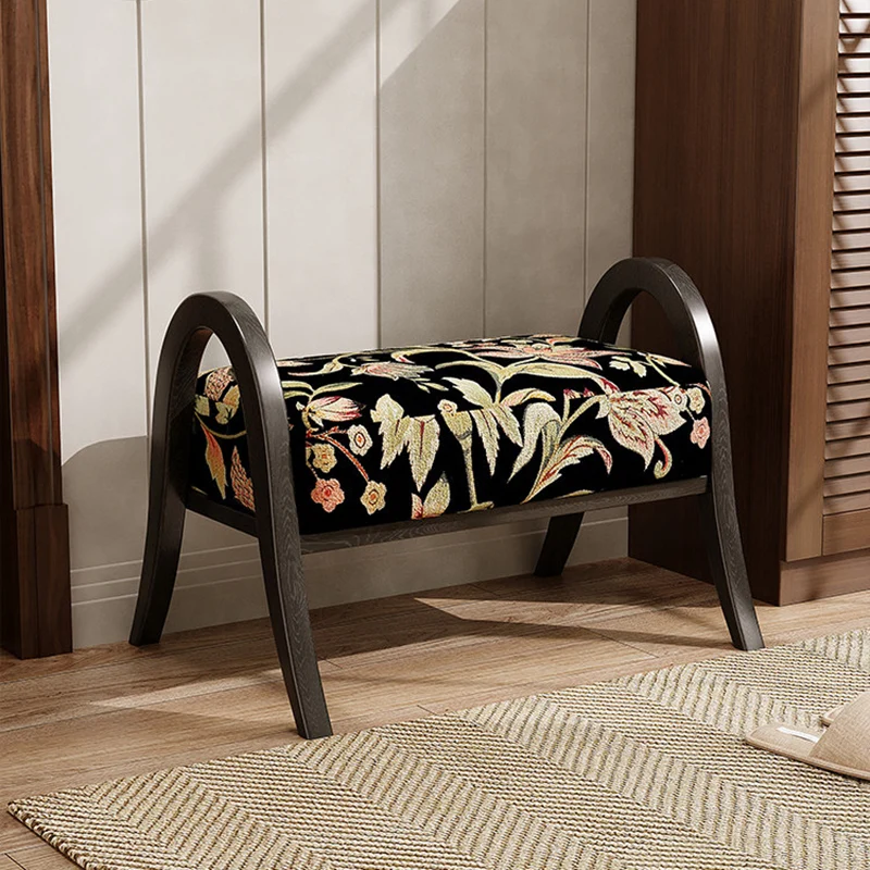 Traditional Vintage Linen Ash Wood Square Curved Low Stool For Living Room