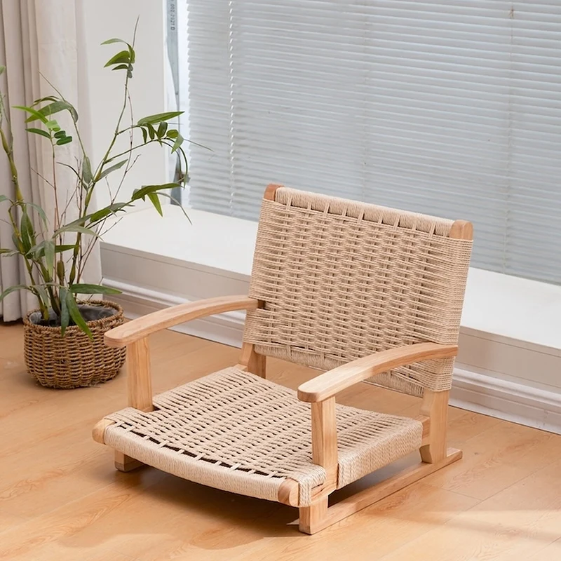 Traditional Japanese Solid Wood Rectangular Kraft Paper Weaving Accent Chair With Backrest Armrest For Living Room & Bedroom