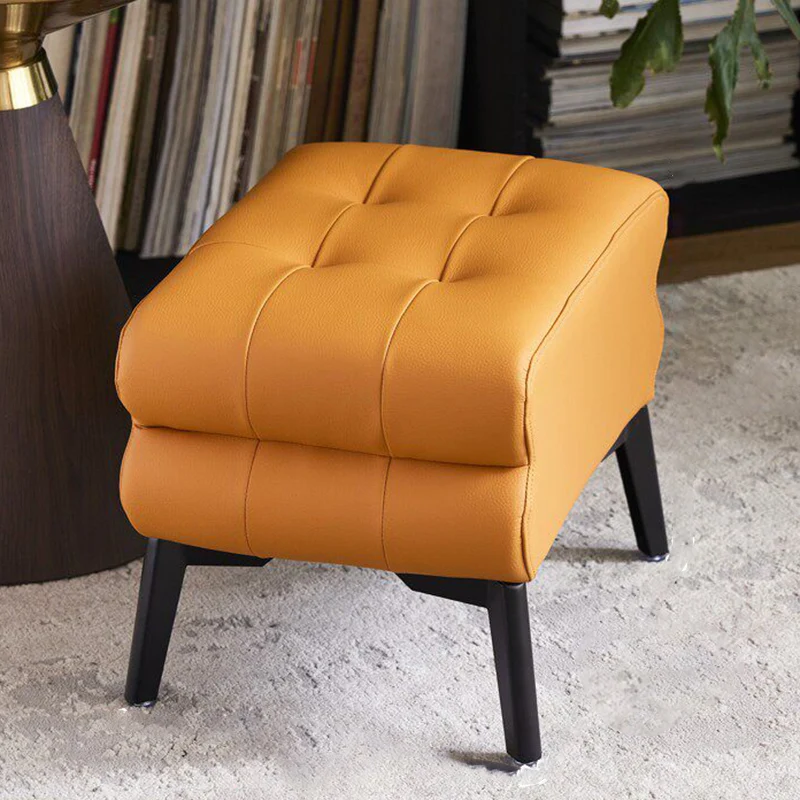 Modern Luxury Pet-Friendly Scratch-Resistant Leather & Pine Wood Rounded Square Low Stool For Living Room